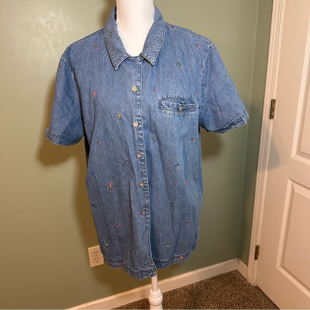 Denim&Co Denim Floral Embroidered Button-Down Shirt Womens XL